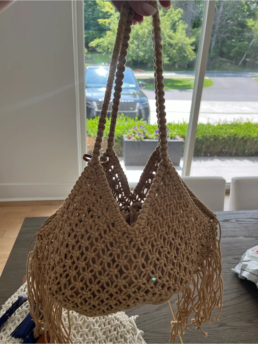 Woven Fringe Straw Tote Bag in Tan
